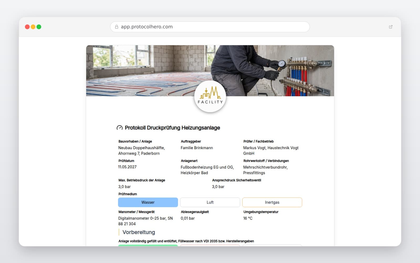 Vorschau der Vorlage „Protokoll Druckprüfung Heizungsanlage"