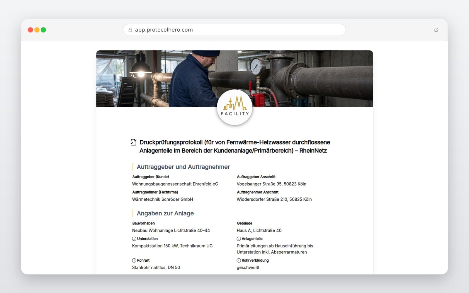 Vorschau der Vorlage „Druckprüfungsprotokoll (für von Fernwärme-Heizwasser durchflossene Anlagenteile im Bereich der Kundenanlage/Primärbereich) – RheinNetz"