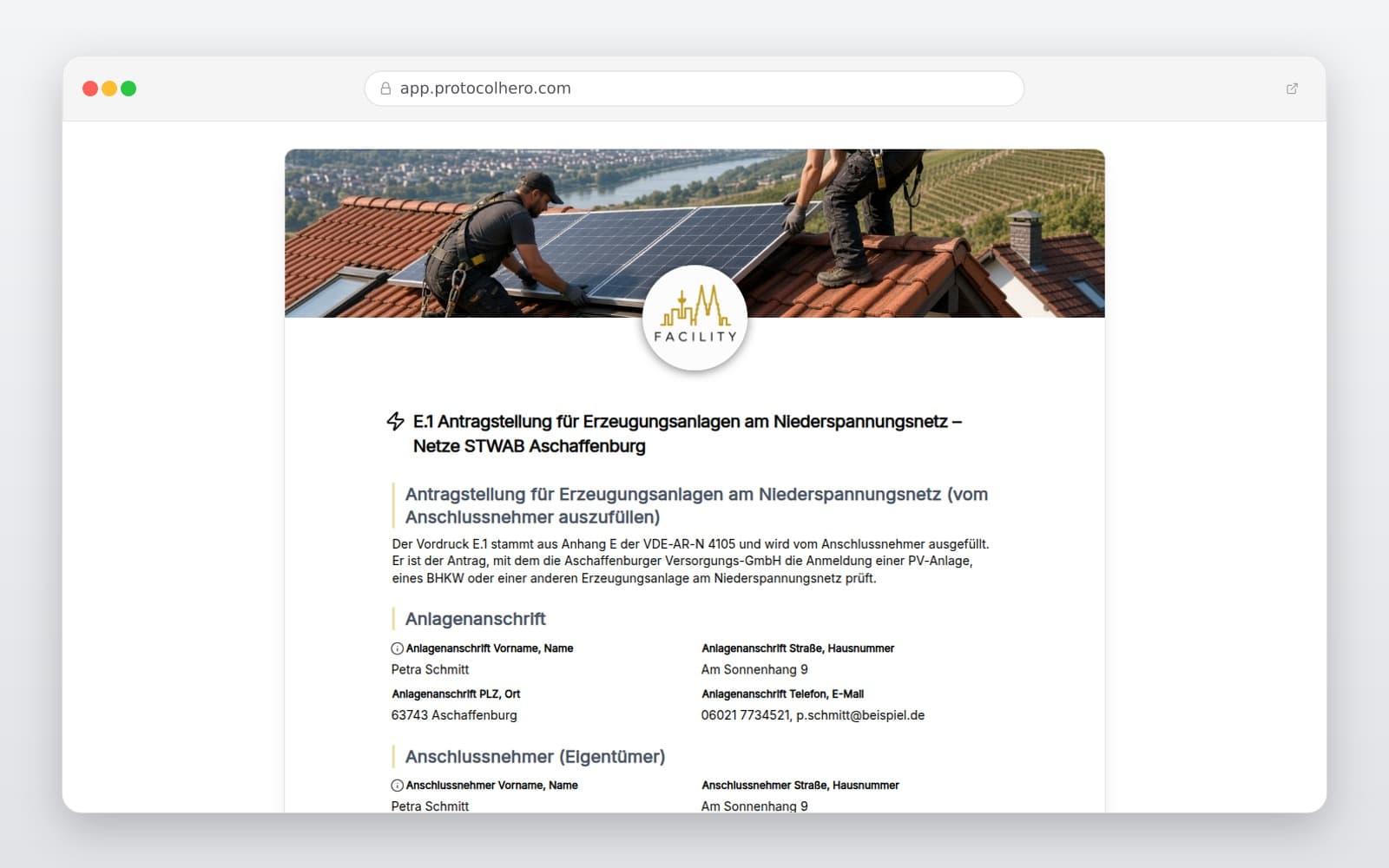 Vorschau der Vorlage „E.1 Antragstellung für Erzeugungsanlagen am Niederspannungsnetz – Netze STWAB Aschaffenburg"