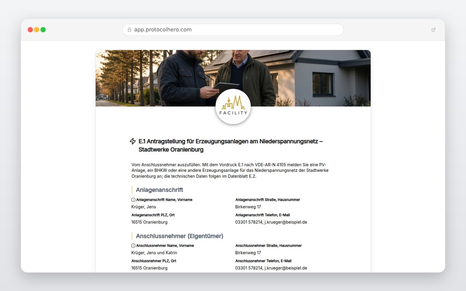 Vorschau der Vorlage „E.1 Antragstellung für Erzeugungsanlagen am Niederspannungsnetz – Stadtwerke Oranienburg"
