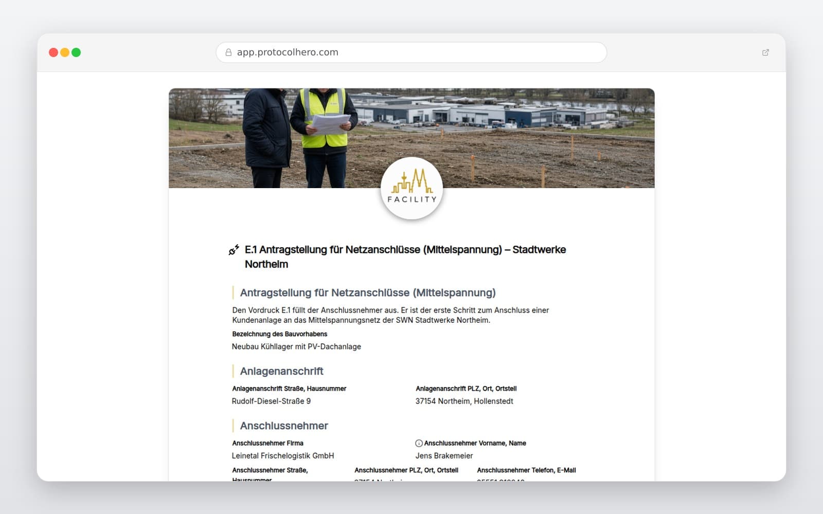 Vorschau der Vorlage „E.1 Antragstellung für Netzanschlüsse (Mittelspannung) – Stadtwerke Northeim"