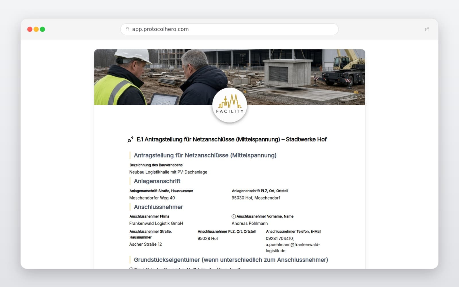Vorschau der Vorlage „E.1 Antragstellung für Netzanschlüsse (Mittelspannung) – Stadtwerke Hof"