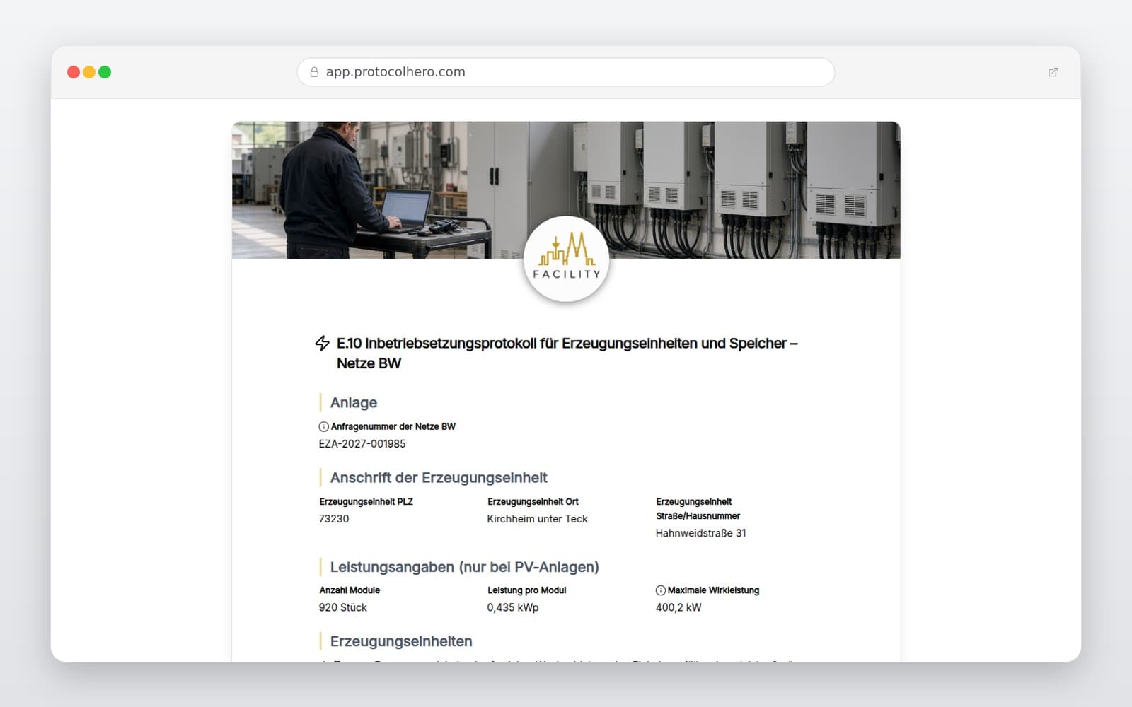 Vorschau der Vorlage „E.10 Inbetriebsetzungsprotokoll für Erzeugungseinheiten und Speicher – Netze BW"