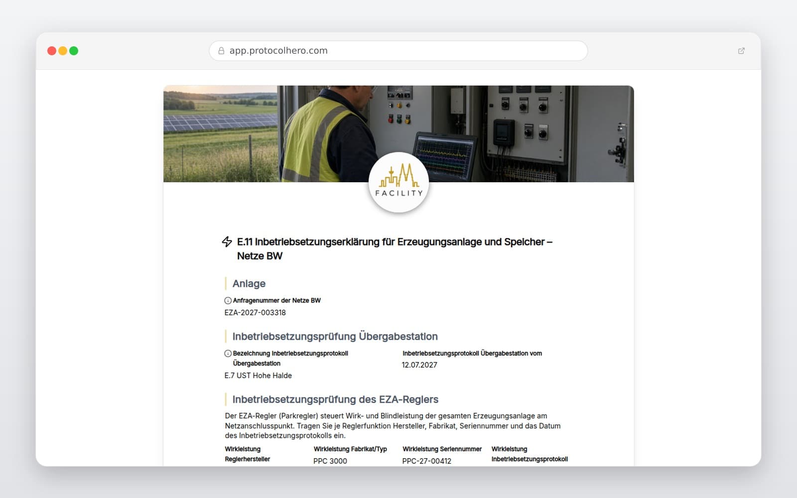Vorschau der Vorlage „E.11 Inbetriebsetzungserklärung für Erzeugungsanlage und Speicher – Netze BW"