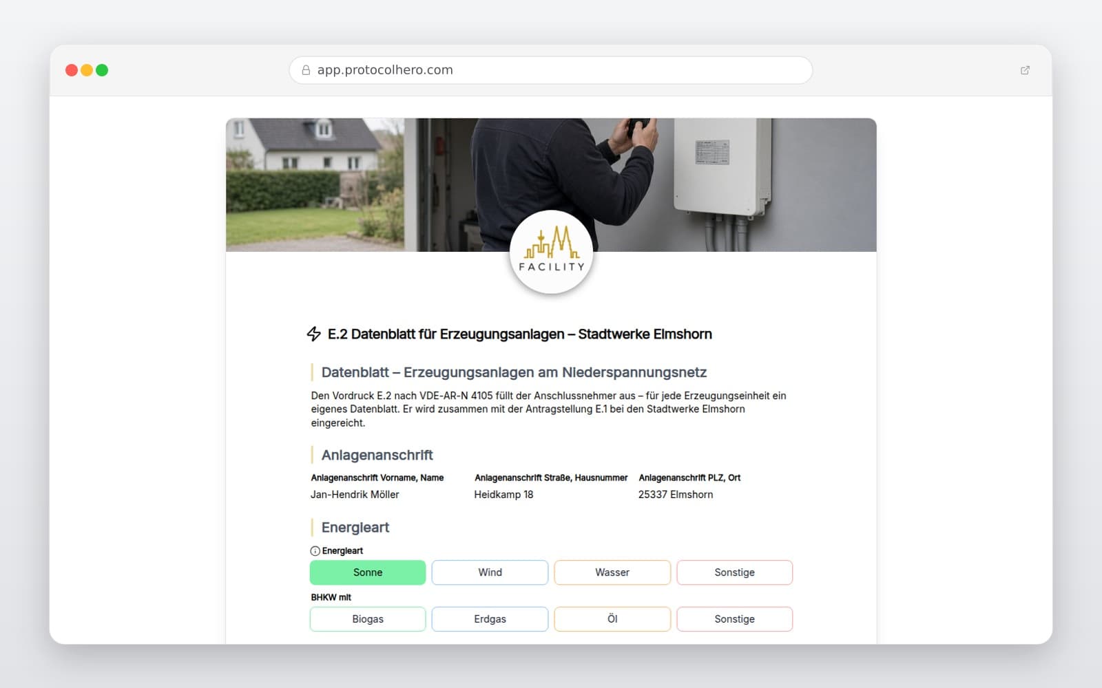 Vorschau der Vorlage „E.2 Datenblatt für Erzeugungsanlagen – Stadtwerke Elmshorn"