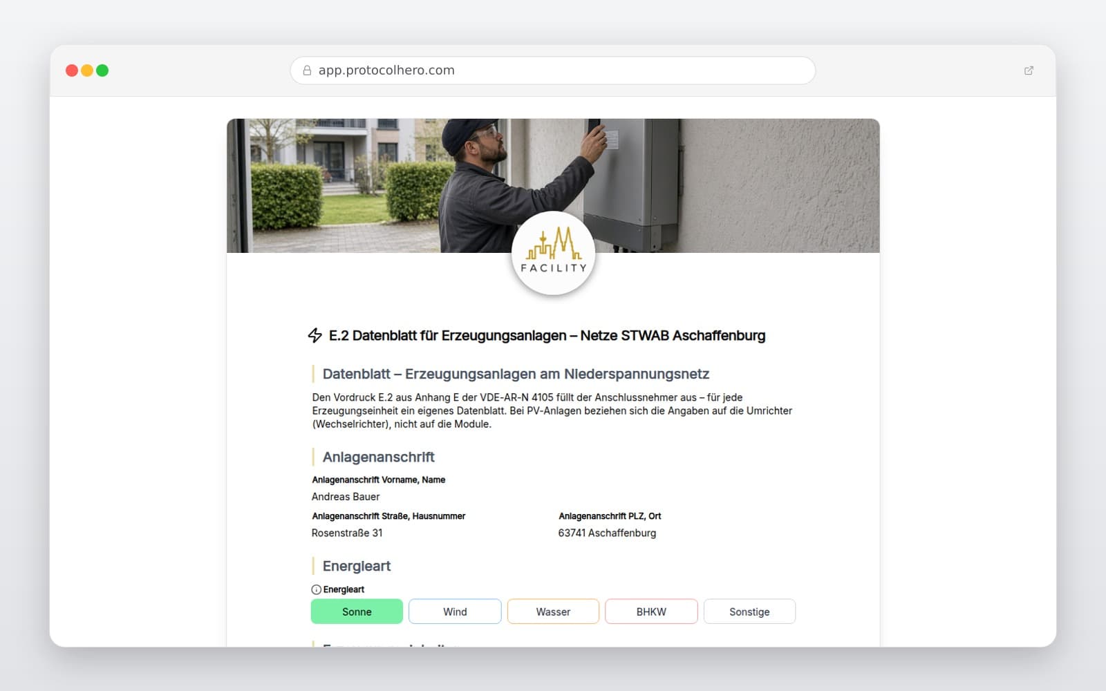 Vorschau der Vorlage „E.2 Datenblatt für Erzeugungsanlagen – Netze STWAB Aschaffenburg"