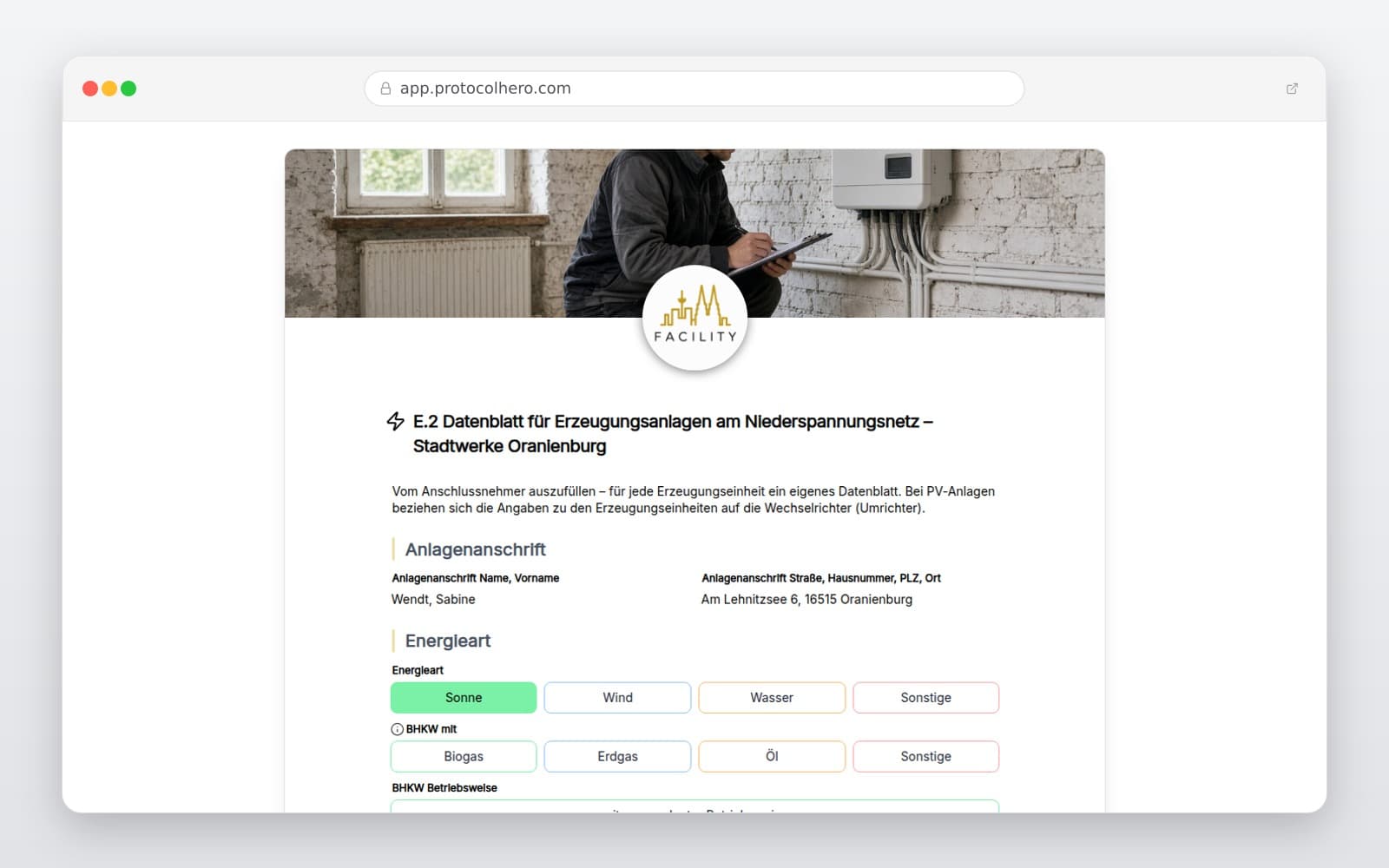 Vorschau der Vorlage „E.2 Datenblatt für Erzeugungsanlagen am Niederspannungsnetz – Stadtwerke Oranienburg"