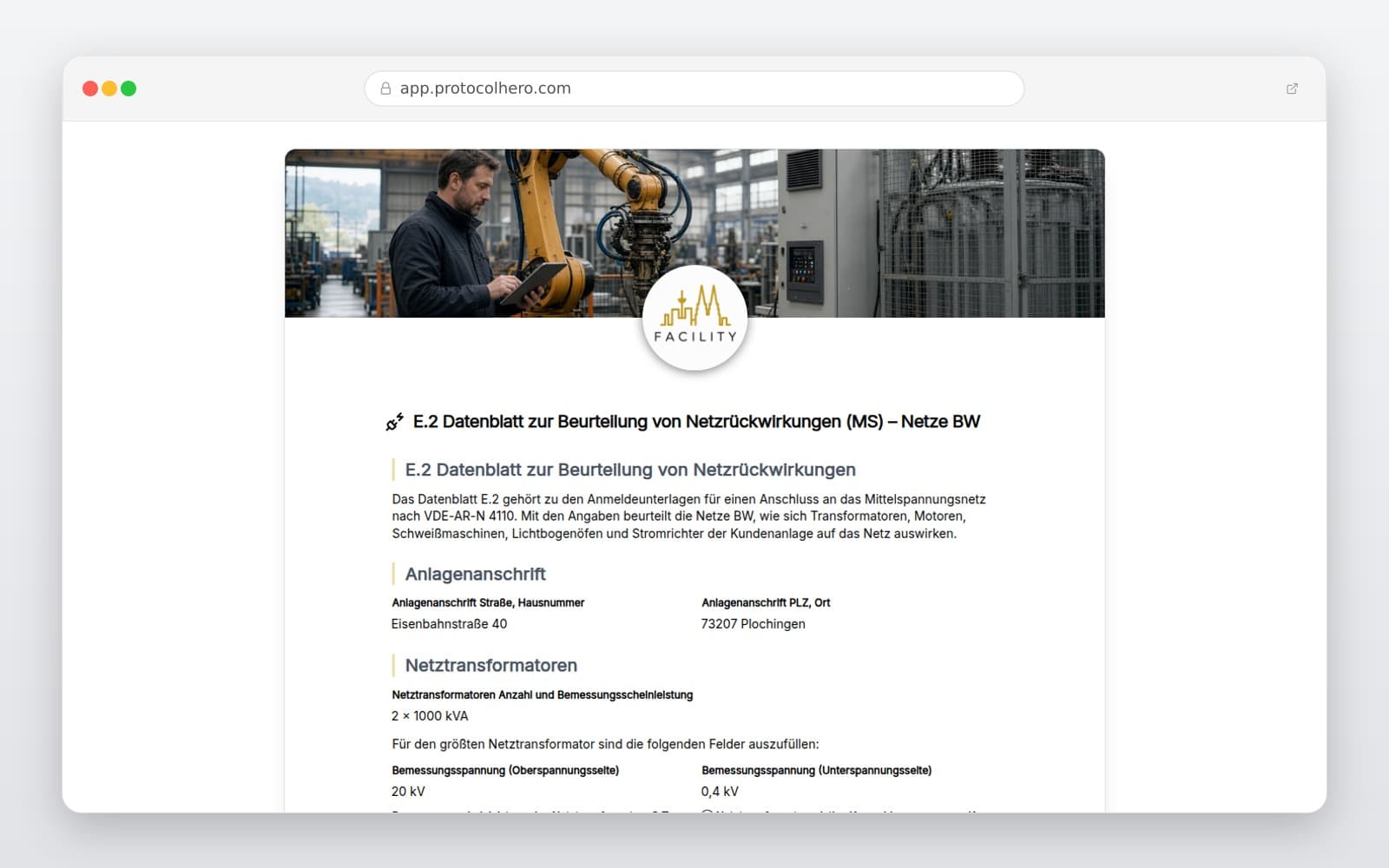 Vorschau der Vorlage „E.2 Datenblatt zur Beurteilung von Netzrückwirkungen (MS) – Netze BW"