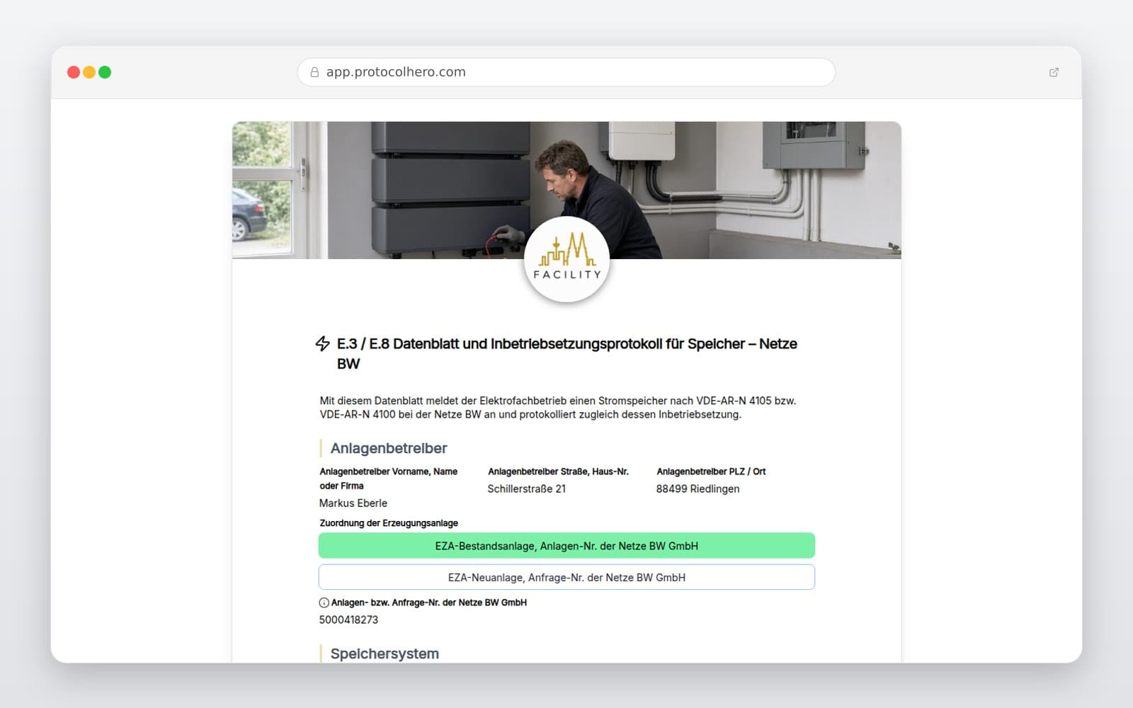 Vorschau der Vorlage „E.3 / E.8 Datenblatt und Inbetriebsetzungsprotokoll für Speicher – Netze BW"