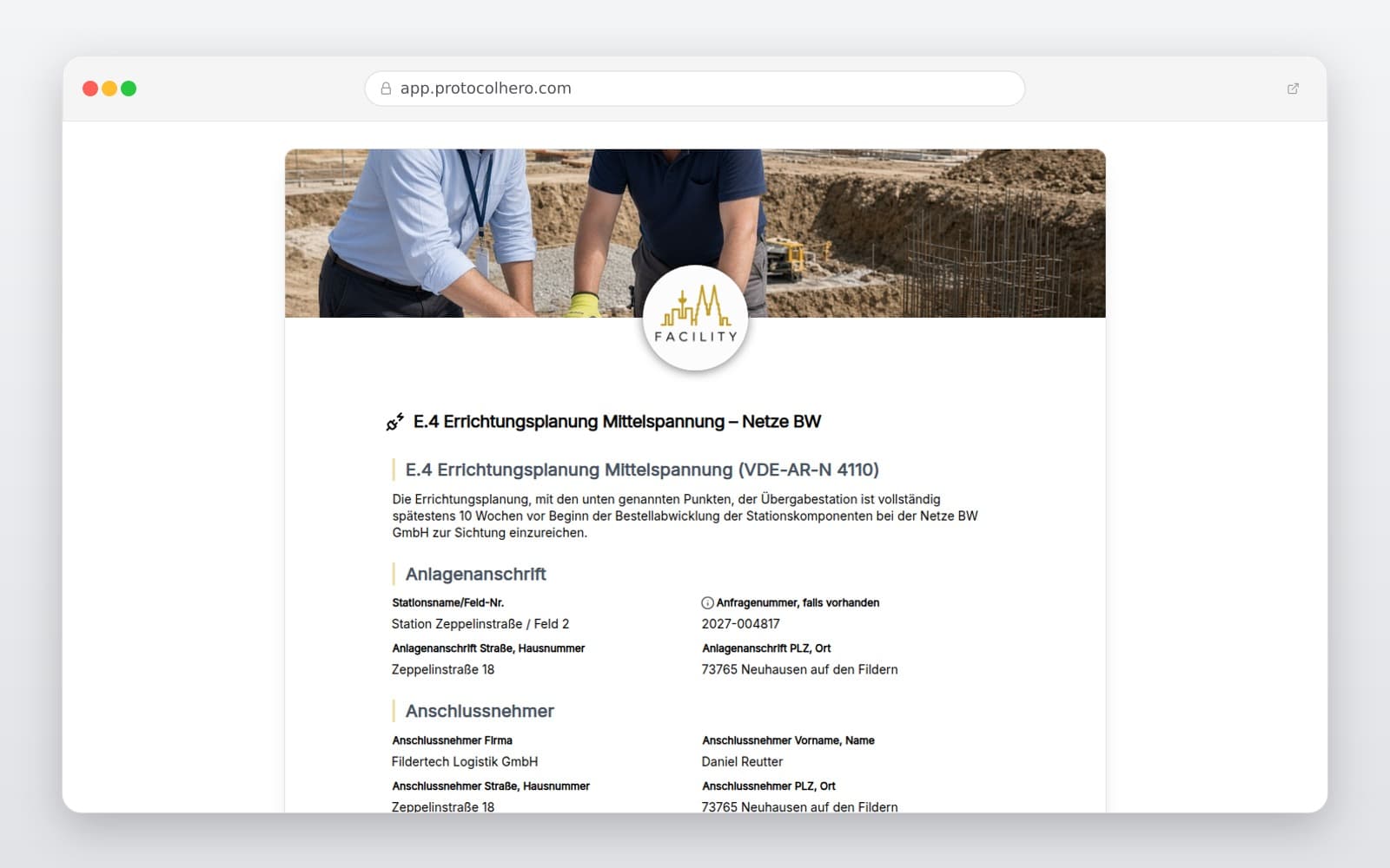 Vorschau der Vorlage „E.4 Errichtungsplanung Mittelspannung – Netze BW"