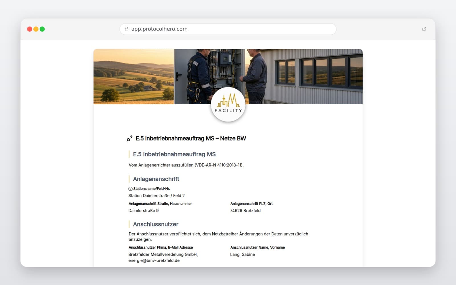 Vorschau der Vorlage „E.5 Inbetriebnahmeauftrag MS – Netze BW"