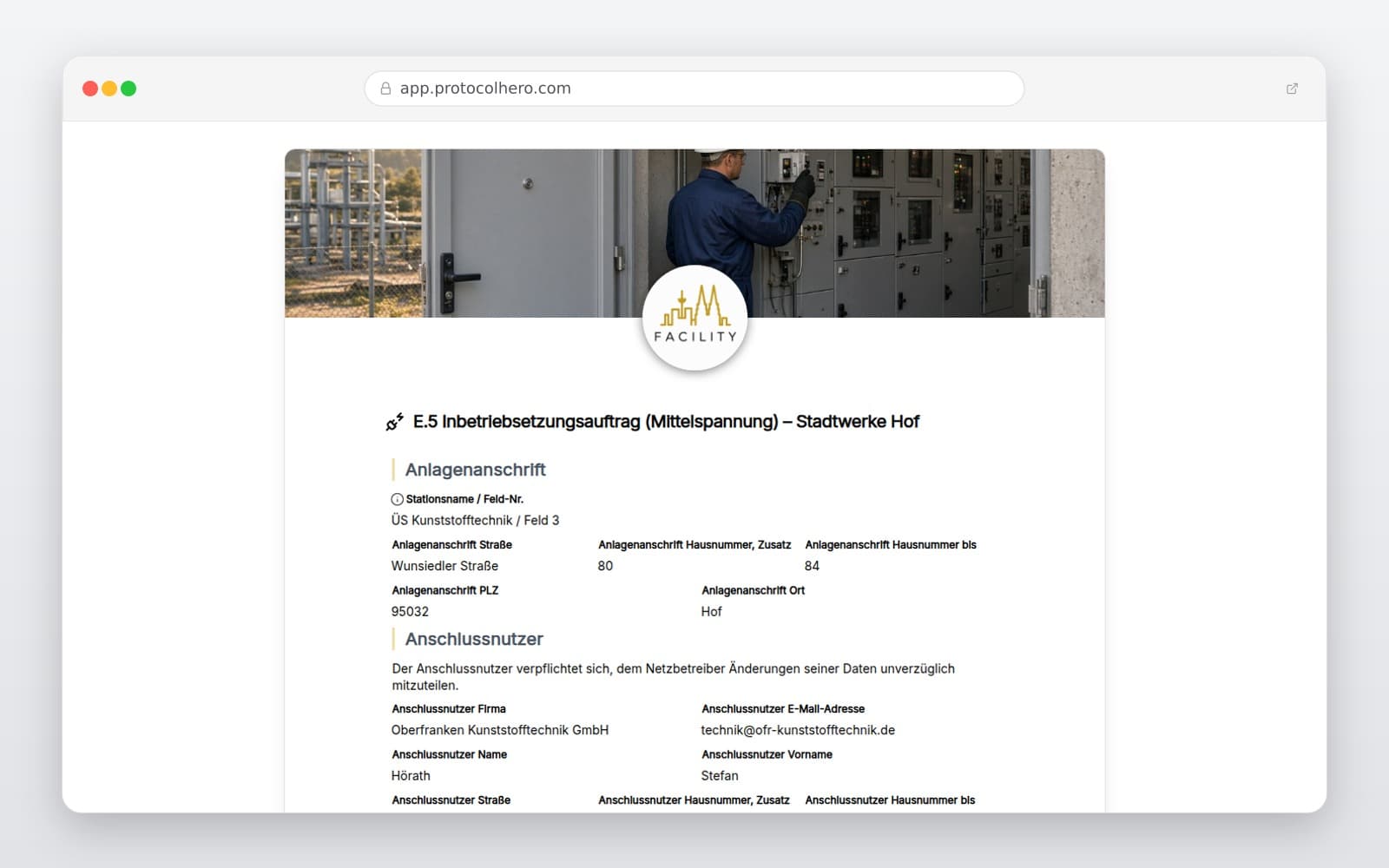 Vorschau der Vorlage „E.5 Inbetriebsetzungsauftrag (Mittelspannung) – Stadtwerke Hof"