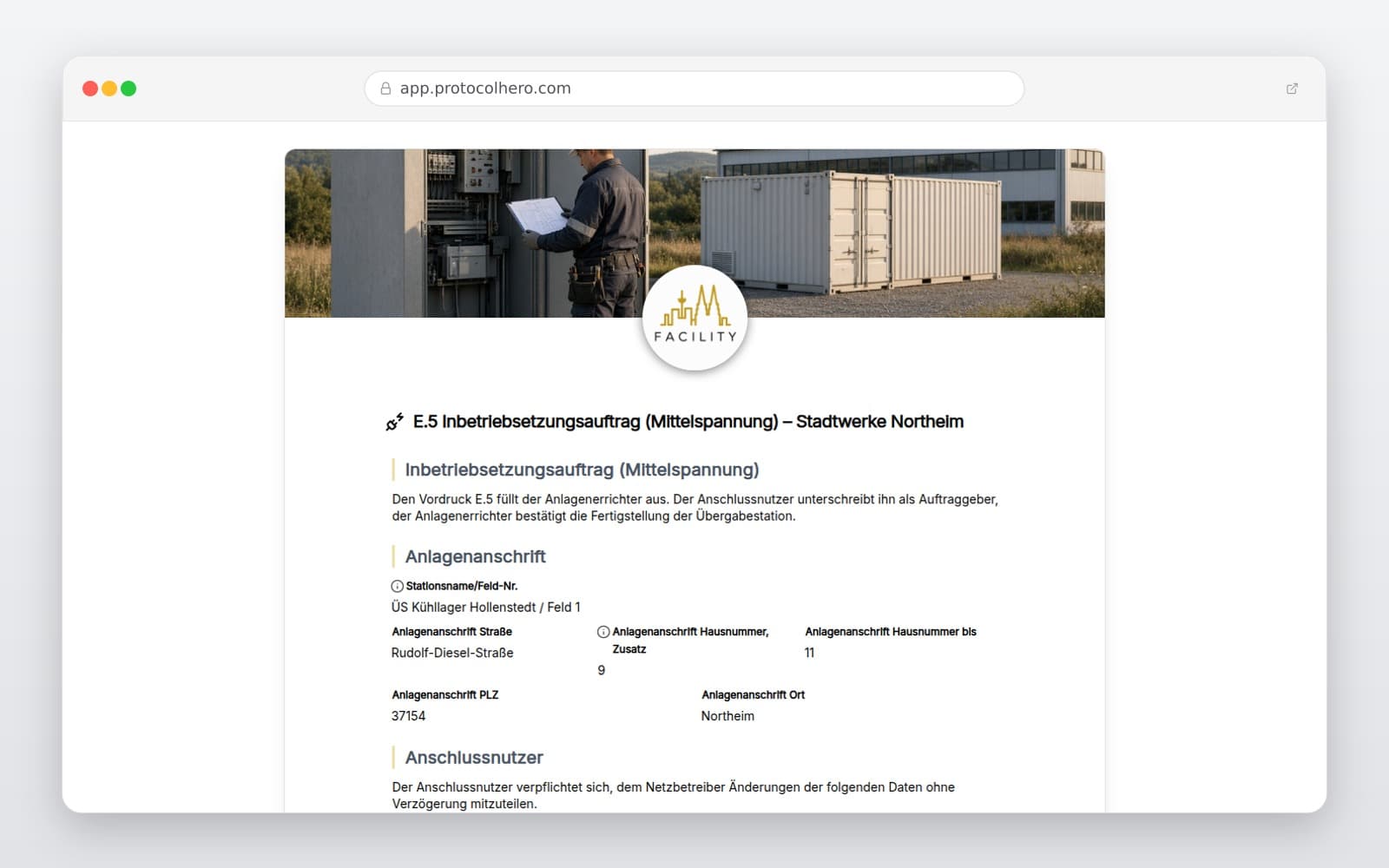 Vorschau der Vorlage „E.5 Inbetriebsetzungsauftrag (Mittelspannung) – Stadtwerke Northeim"