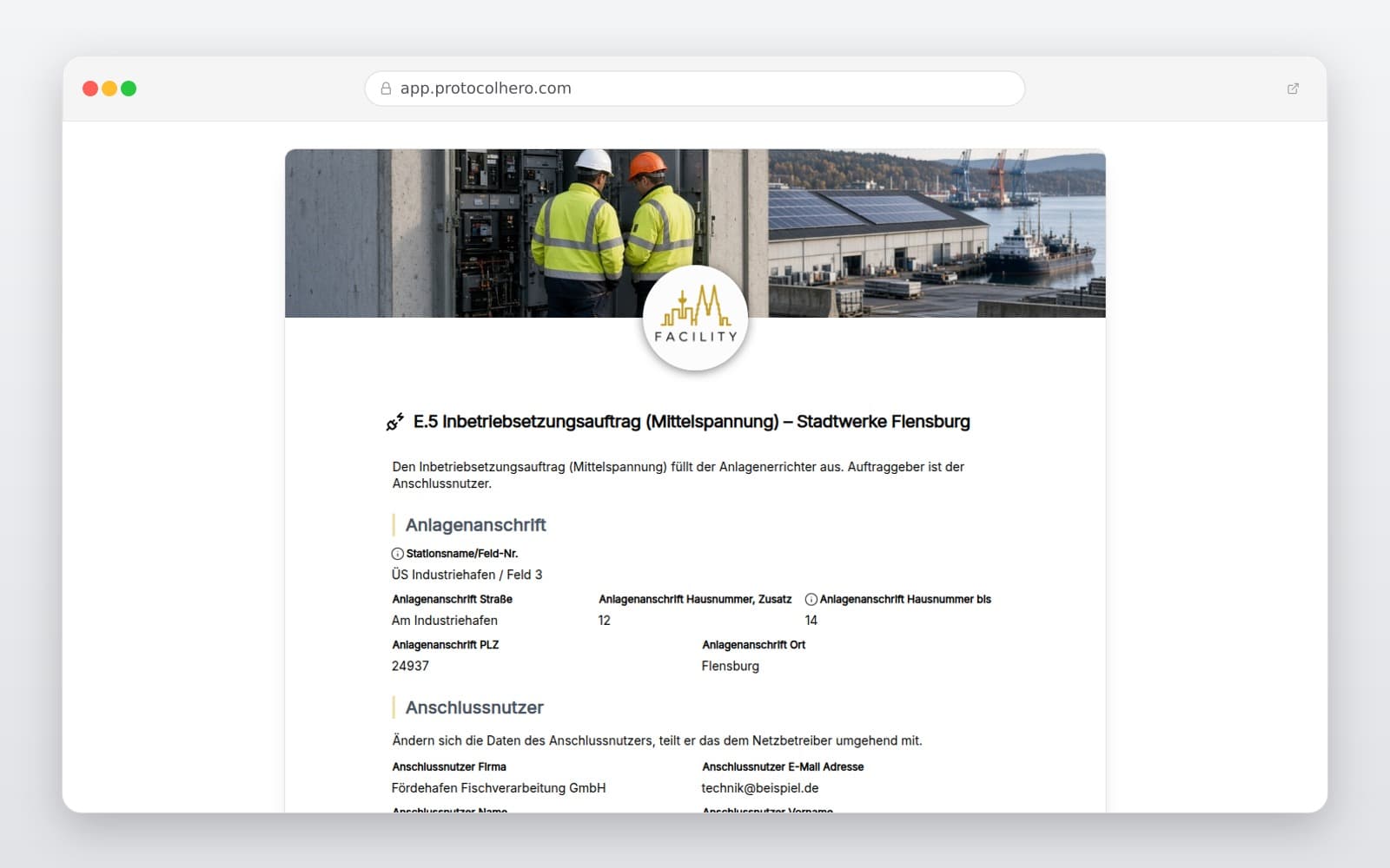 Vorschau der Vorlage „E.5 Inbetriebsetzungsauftrag (Mittelspannung) – Stadtwerke Flensburg"