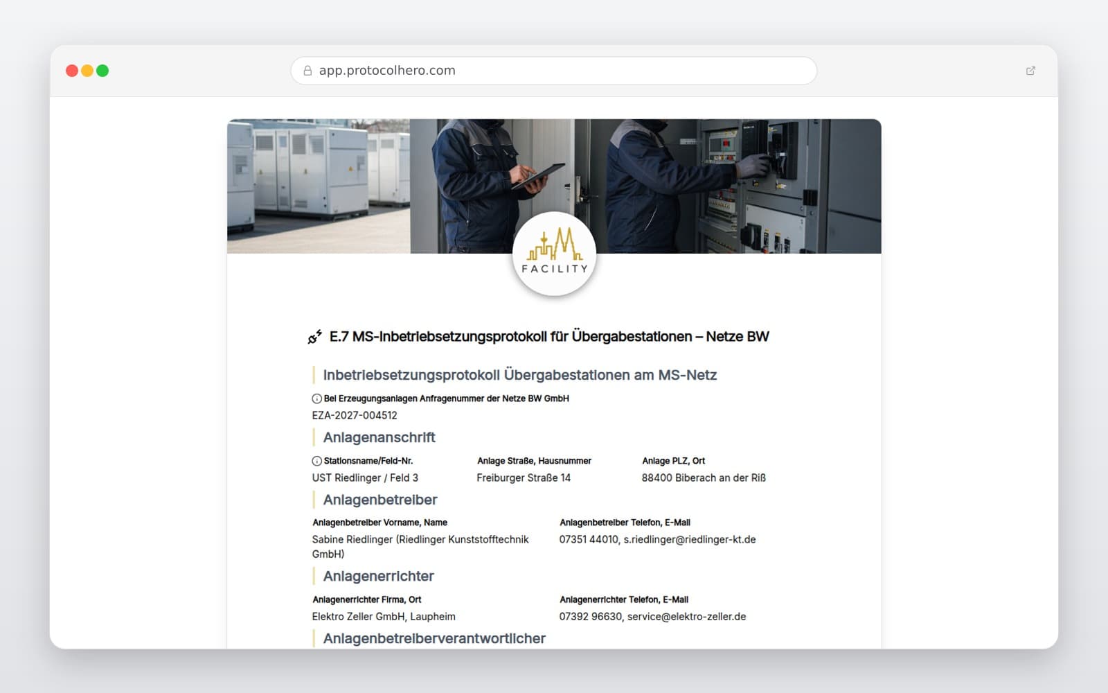 Vorschau der Vorlage „E.7 MS-Inbetriebsetzungsprotokoll für Übergabestationen – Netze BW"