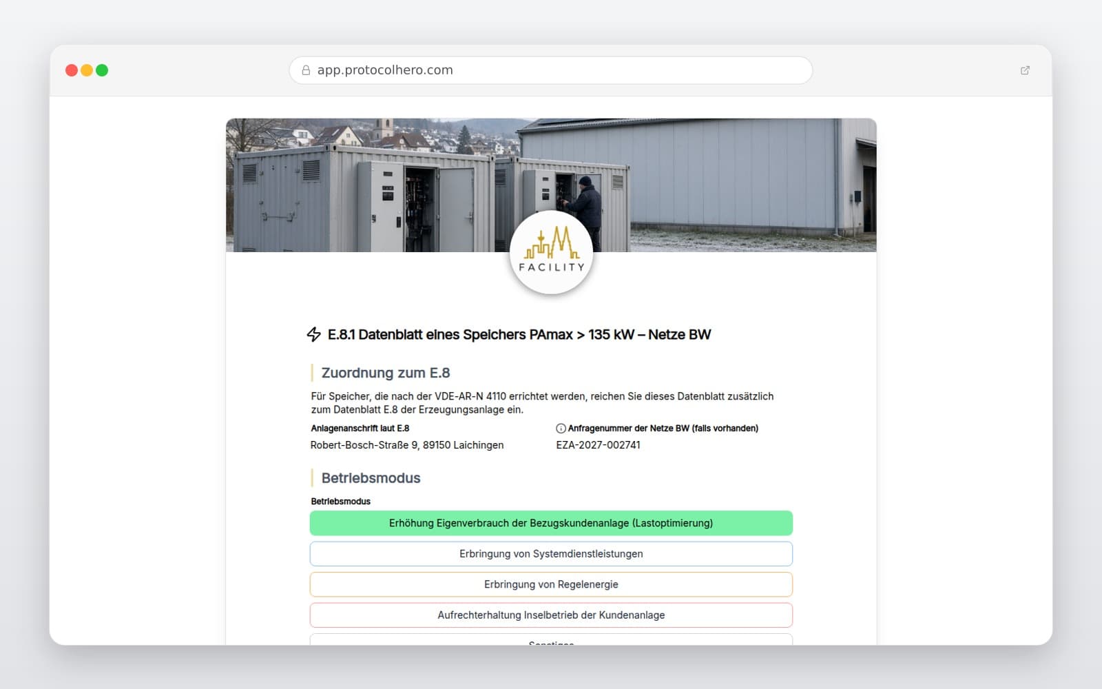 Vorschau der Vorlage „E.8.1 Datenblatt eines Speichers PAmax > 135 kW – Netze BW"