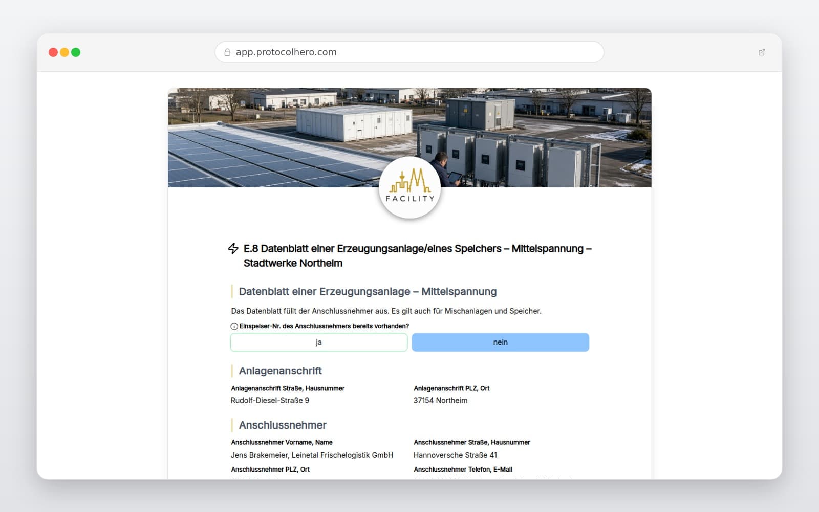 Vorschau der Vorlage „E.8 Datenblatt einer Erzeugungsanlage/eines Speichers – Mittelspannung – Stadtwerke Northeim"