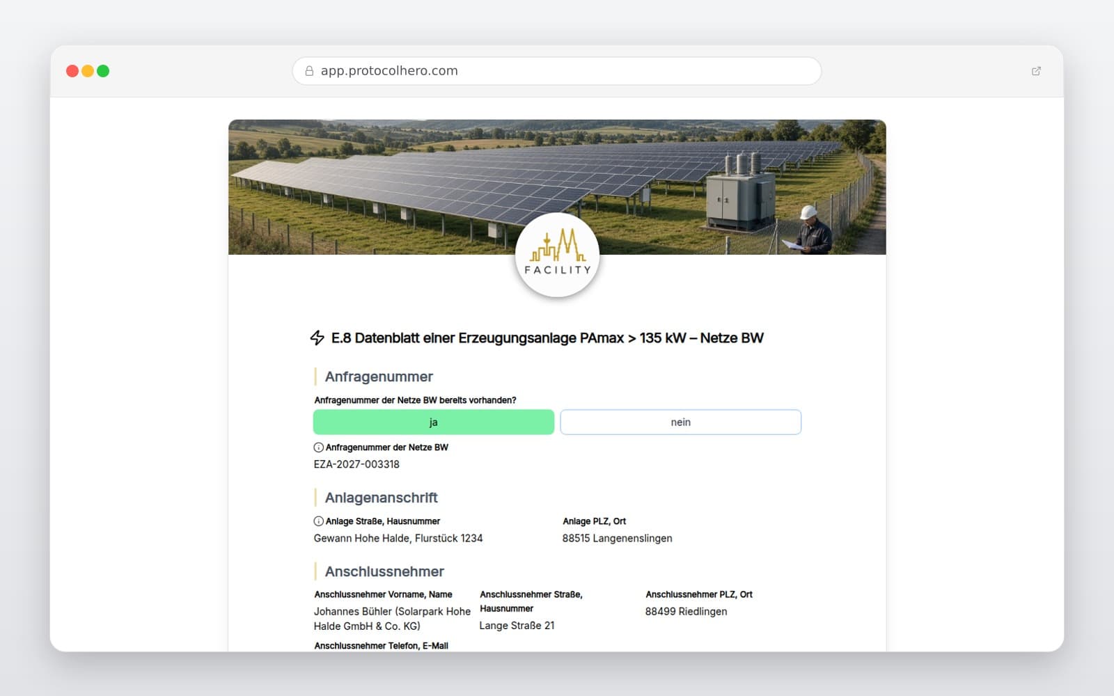 Vorschau der Vorlage „E.8 Datenblatt einer Erzeugungsanlage PAmax > 135 kW – Netze BW"