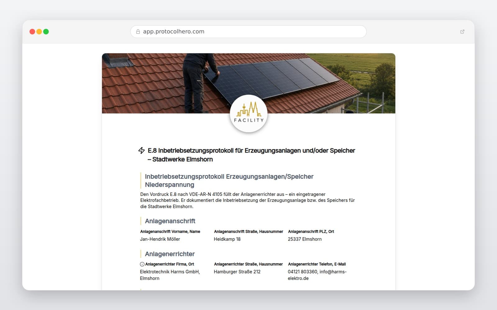 Vorschau der Vorlage „E.8 Inbetriebsetzungsprotokoll für Erzeugungsanlagen und/oder Speicher – Stadtwerke Elmshorn"