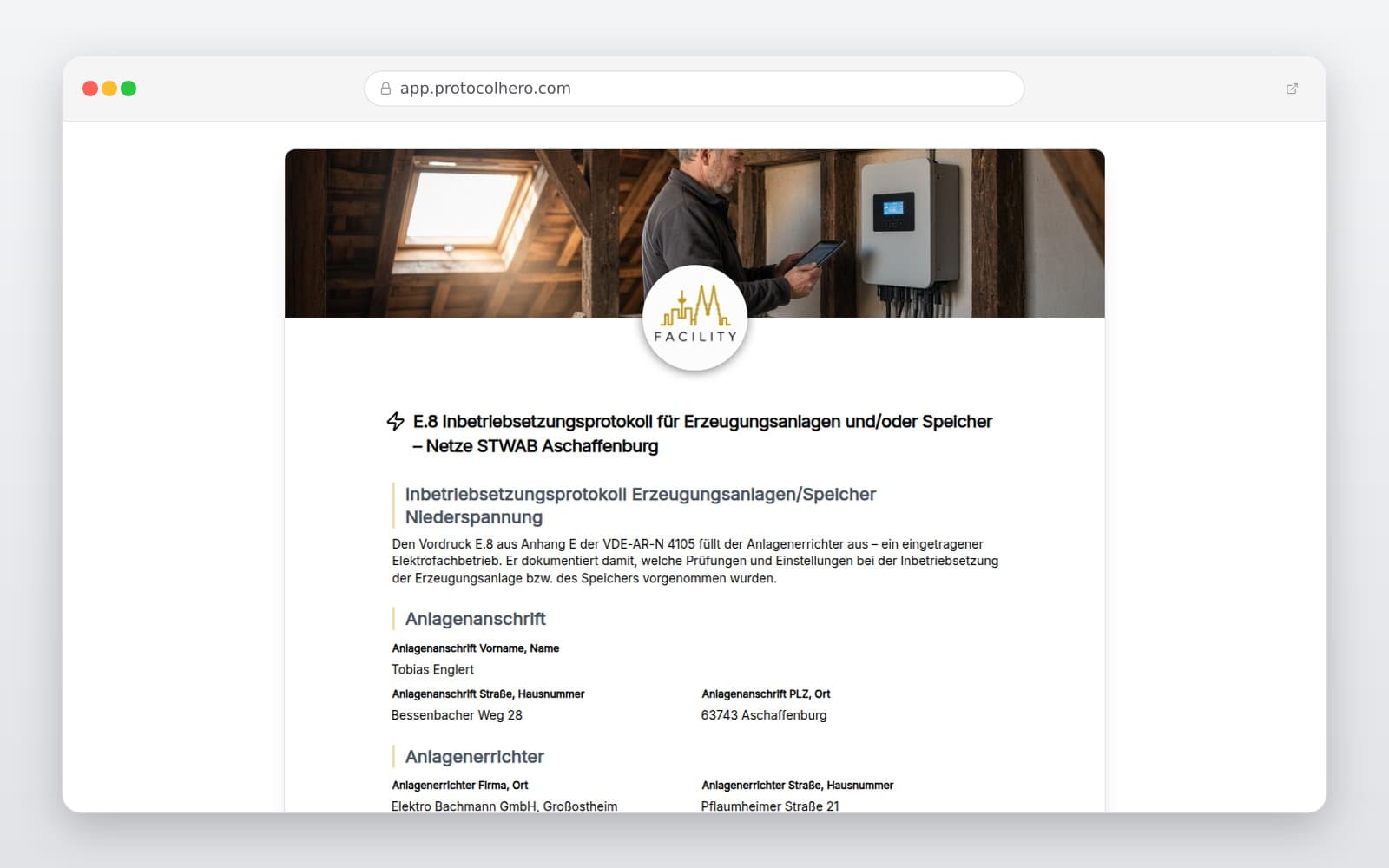 Vorschau der Vorlage „E.8 Inbetriebsetzungsprotokoll für Erzeugungsanlagen und/oder Speicher – Netze STWAB Aschaffenburg"