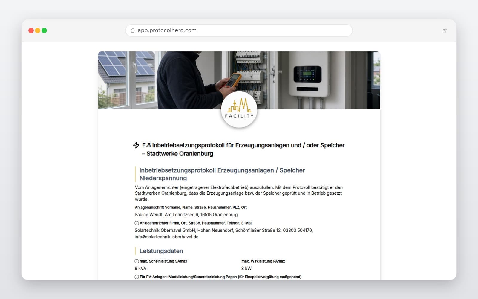 Vorschau der Vorlage „E.8 Inbetriebsetzungsprotokoll für Erzeugungsanlagen und / oder Speicher – Stadtwerke Oranienburg"