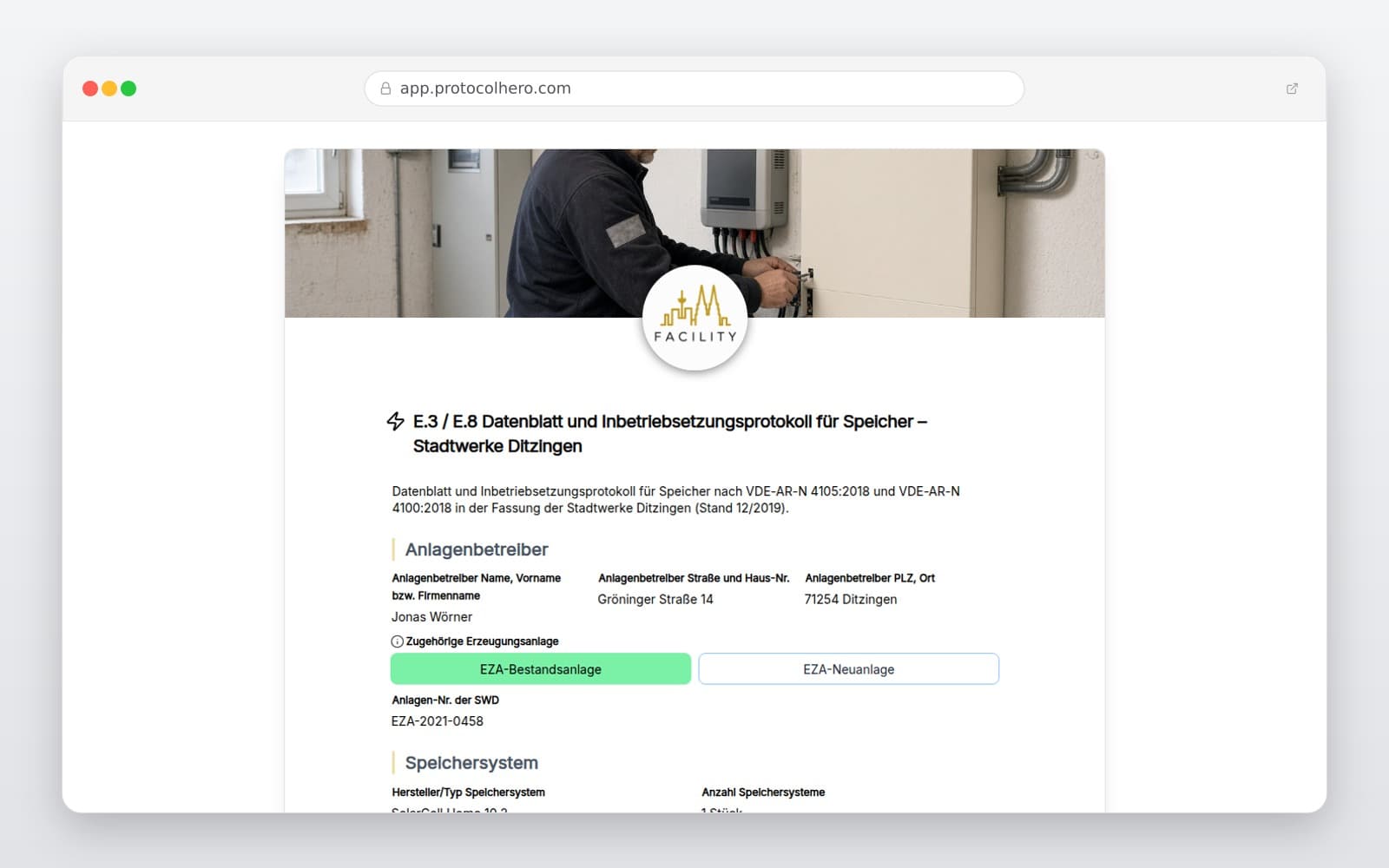 Vorschau der Vorlage „E.3 / E.8 Datenblatt und Inbetriebsetzungsprotokoll für Speicher – Stadtwerke Ditzingen"