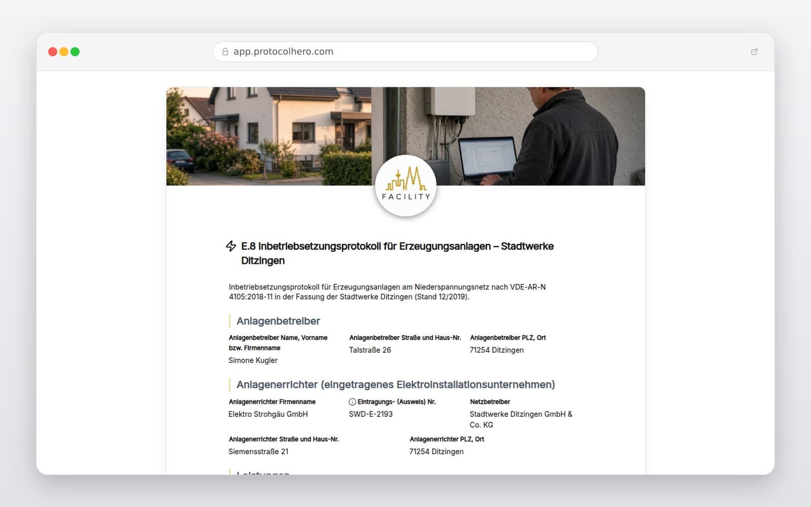 Vorschau der Vorlage „E.8 Inbetriebsetzungsprotokoll für Erzeugungsanlagen – Stadtwerke Ditzingen"