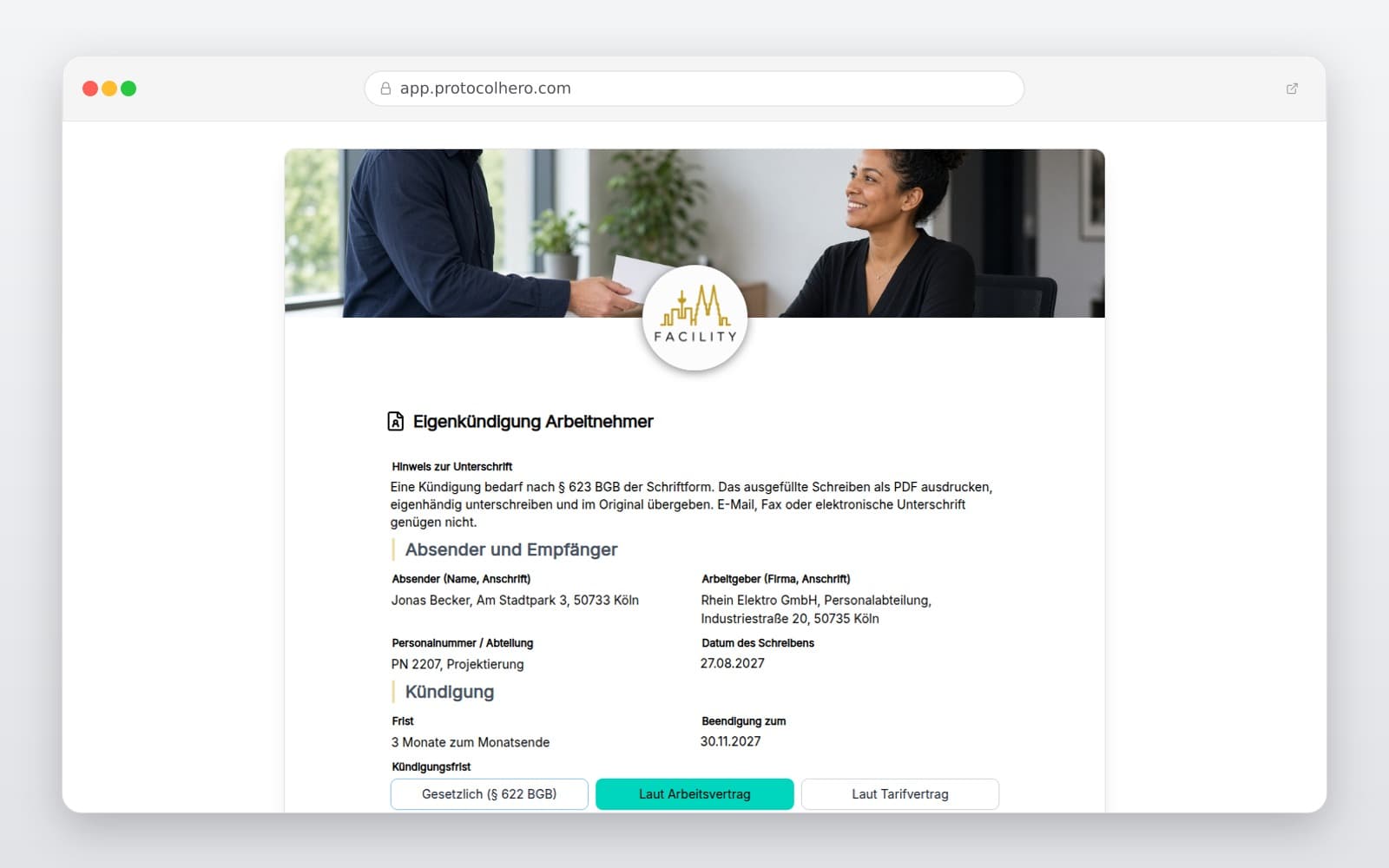 Vorschau der Vorlage „Eigenkündigung Arbeitnehmer"