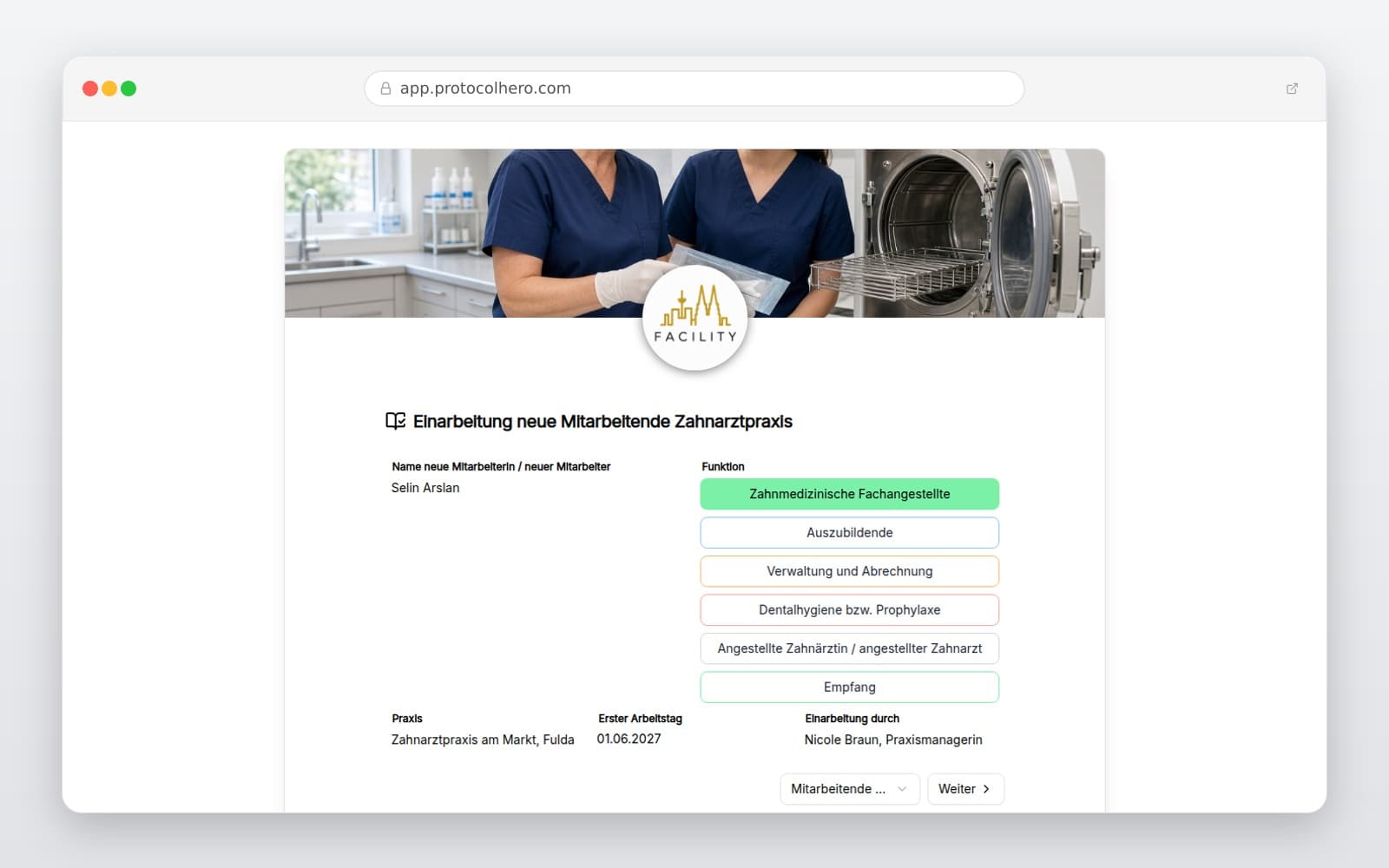 Vorschau der Vorlage „Einarbeitung neue Mitarbeitende Zahnarztpraxis"