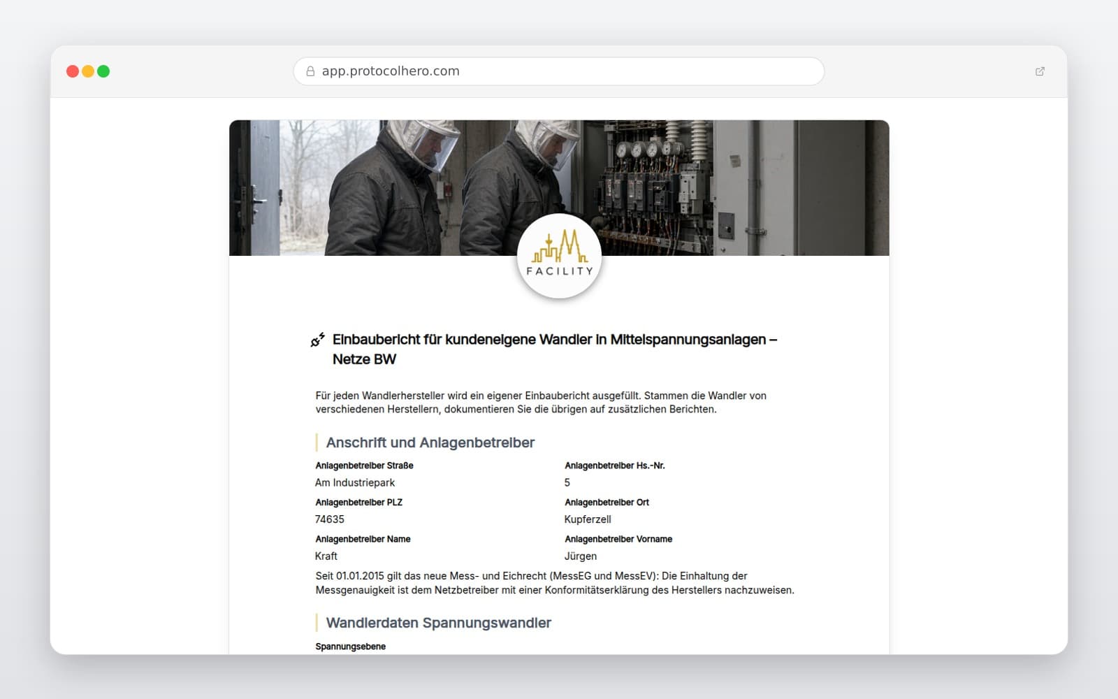 Vorschau der Vorlage „Einbaubericht für kundeneigene Wandler in Mittelspannungsanlagen – Netze BW"