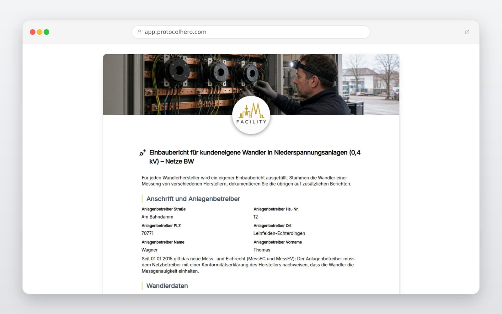 Vorschau der Vorlage „Einbaubericht für kundeneigene Wandler in Niederspannungsanlagen (0,4 kV) – Netze BW"