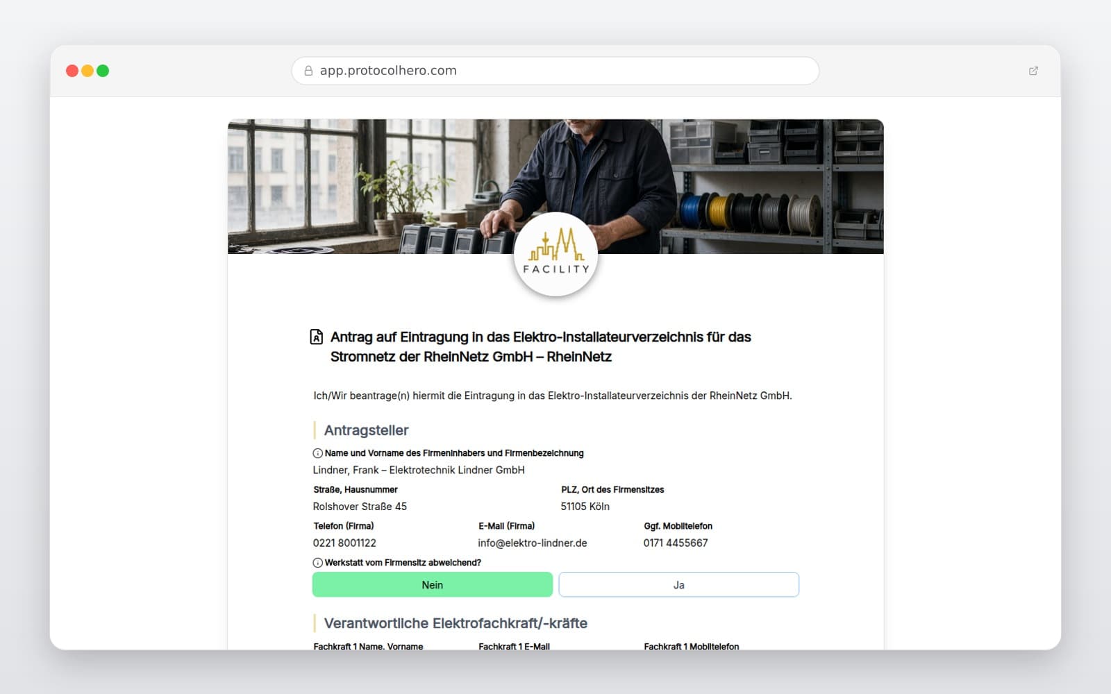 Vorschau der Vorlage „Antrag auf Eintragung in das Elektro-Installateurverzeichnis für das Stromnetz der RheinNetz GmbH – RheinNetz"
