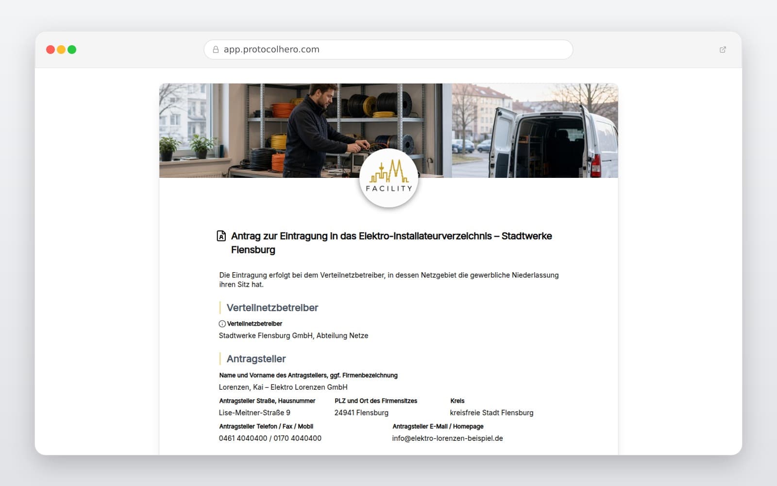 Vorschau der Vorlage „Antrag zur Eintragung in das Elektro-Installateurverzeichnis – Stadtwerke Flensburg"
