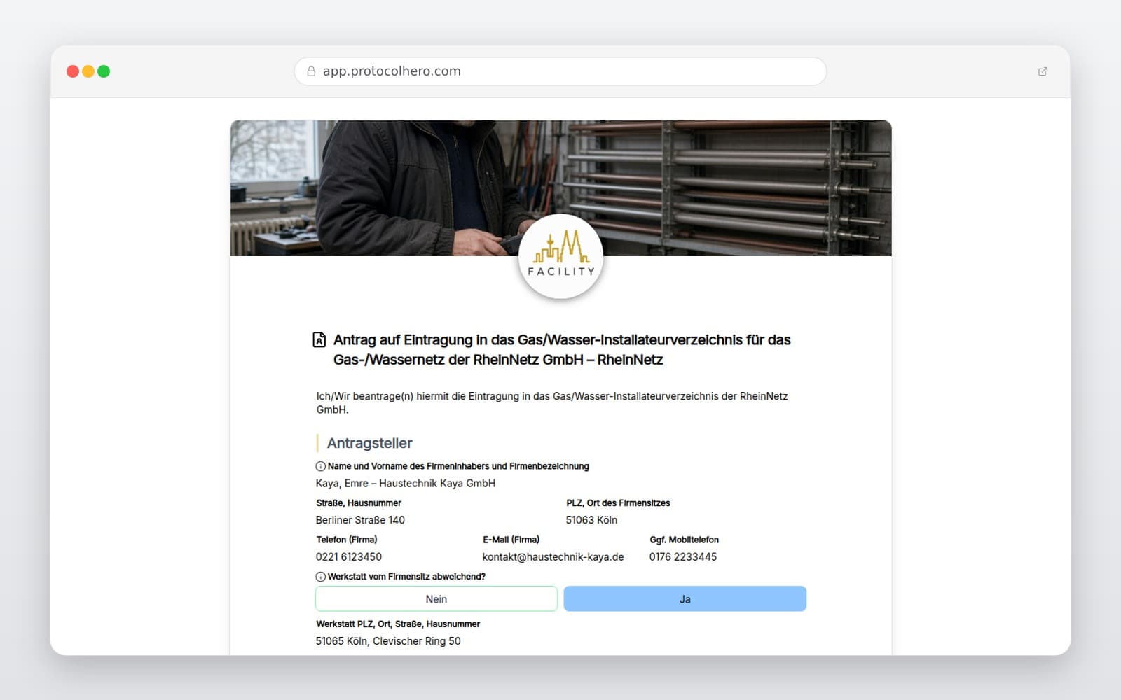 Vorschau der Vorlage „Antrag auf Eintragung in das Gas/Wasser-Installateurverzeichnis für das Gas-/Wassernetz der RheinNetz GmbH – RheinNetz"