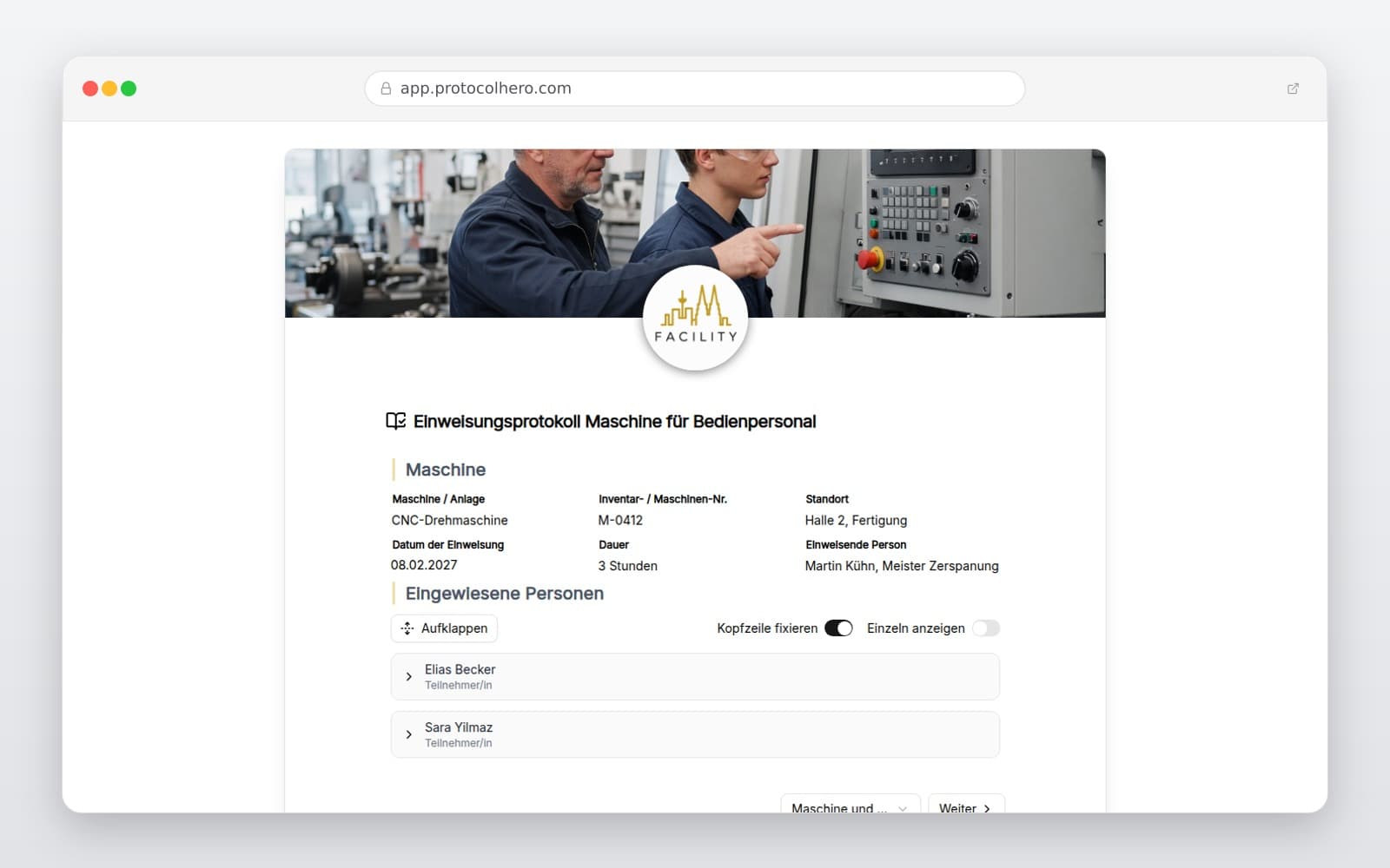 Vorschau der Vorlage „Einweisungsprotokoll Maschine für Bedienpersonal"