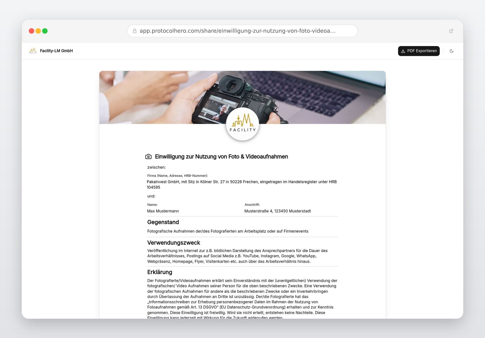 Vorschau der Vorlage „Einwilligung Foto- & Videoaufnahmen – DSGVO-Vorlage (Art. 6 / §22 KunstUrhG)"