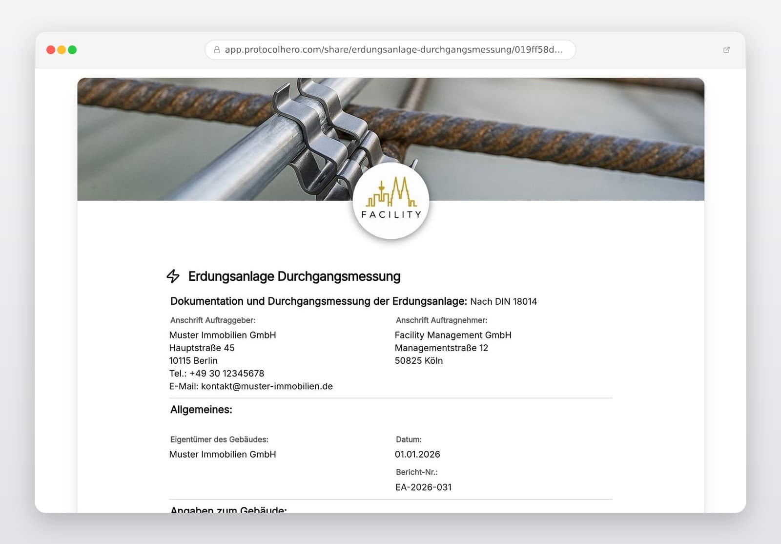 Vorschau der Vorlage „Erdungsanlage Durchgangsmessung – Protokoll nach DIN 18014"