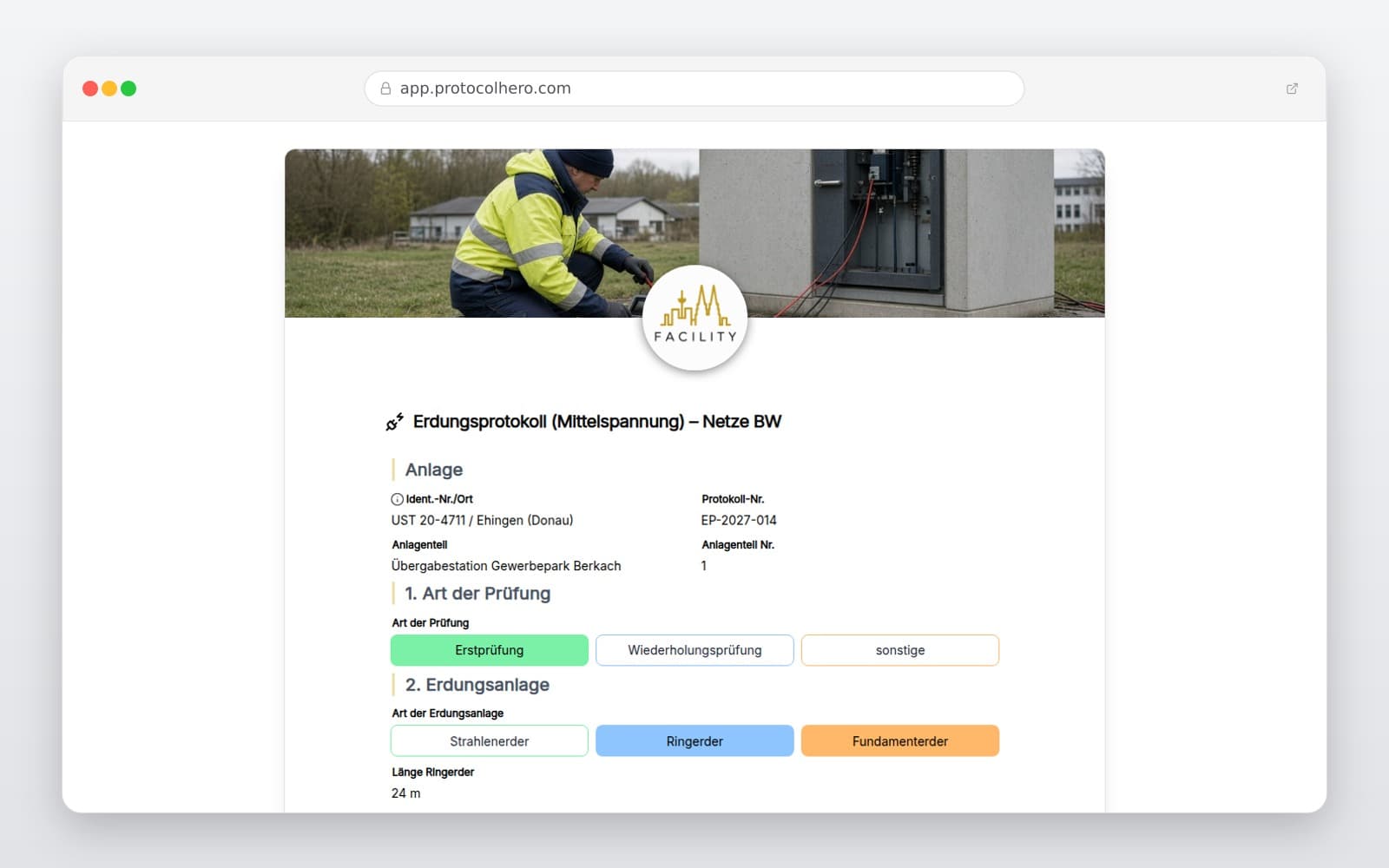 Vorschau der Vorlage „Erdungsprotokoll (Mittelspannung) – Netze BW"