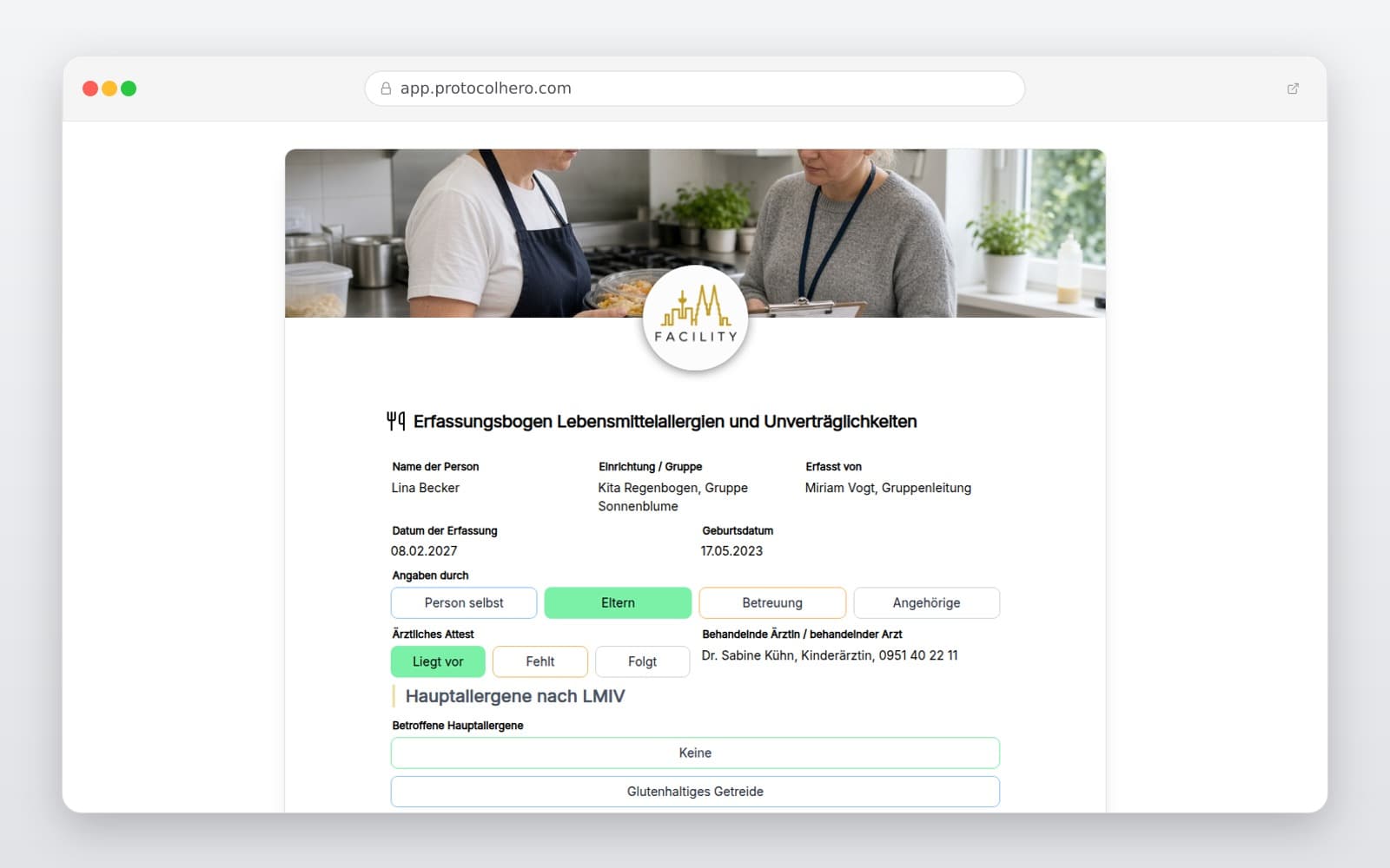 Vorschau der Vorlage „Erfassungsbogen Lebensmittelallergien und Unverträglichkeiten"