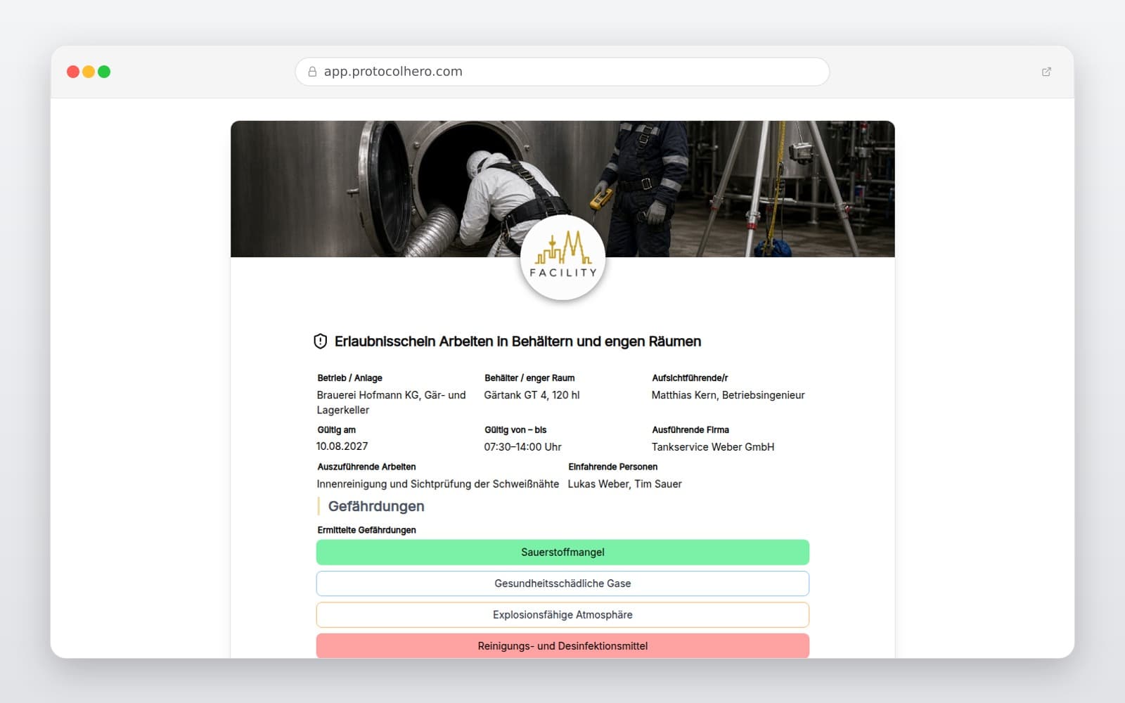 Vorschau der Vorlage „Erlaubnisschein Arbeiten in Behältern und engen Räumen"