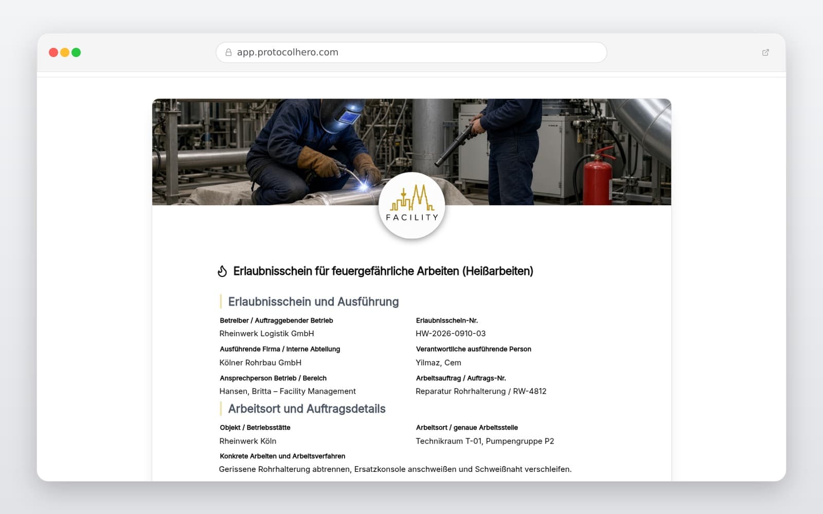 Vorschau der Vorlage „Erlaubnisschein für feuergefährliche Arbeiten – Heißarbeitsschein Vorlage"