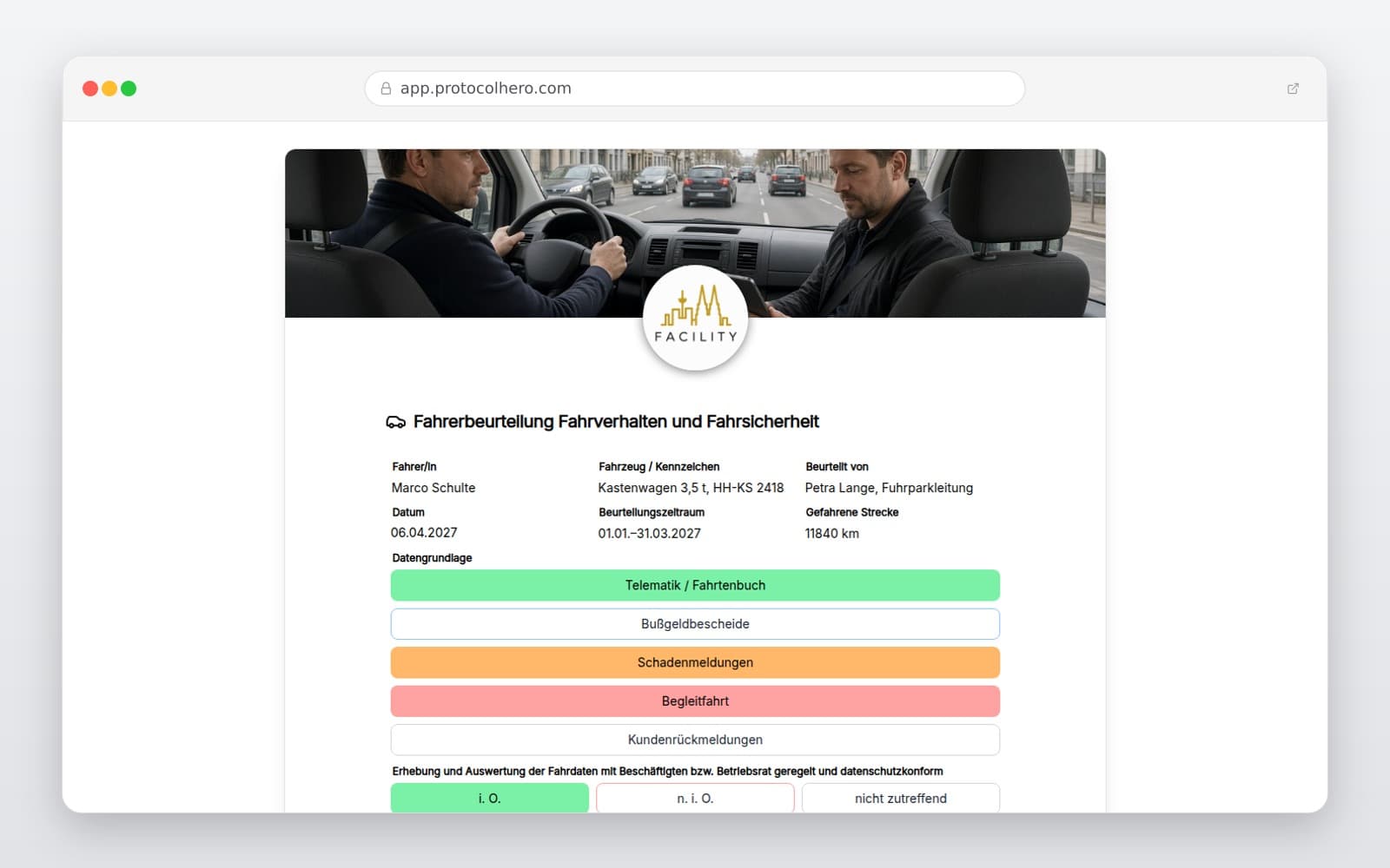 Vorschau der Vorlage „Fahrerbeurteilung Fahrverhalten und Fahrsicherheit"