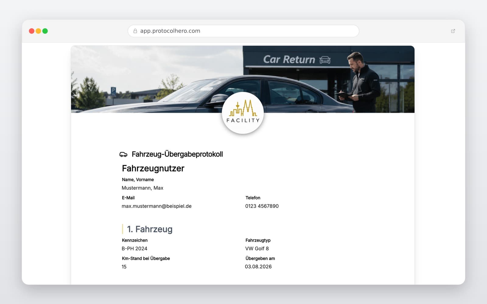Vorschau der Vorlage „Fahrzeug-Übergabeprotokoll Vorlage – Digitaler Fahrzeugzustand & Fuhrpark-Dokumentation"
