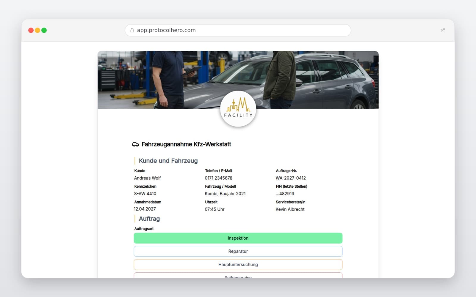 Vorschau der Vorlage „Fahrzeugannahme Kfz-Werkstatt"