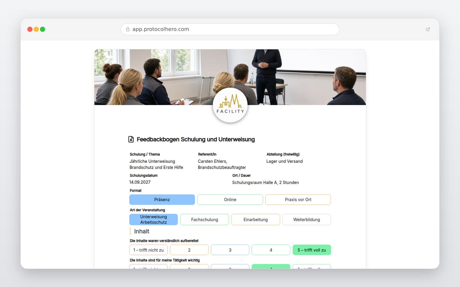 Vorschau der Vorlage „Feedbackbogen Schulung und Unterweisung"