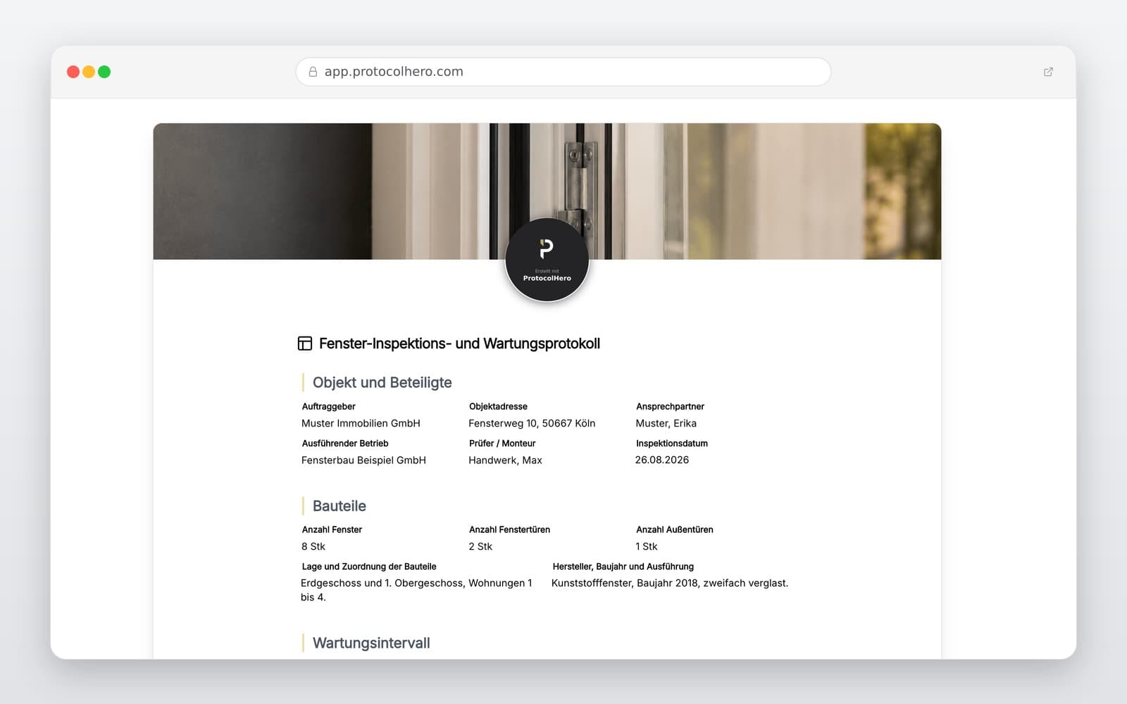 Vorschau der Vorlage „Fenster Wartungsprotokoll Vorlage – Digitales Inspektionsprotokoll"
