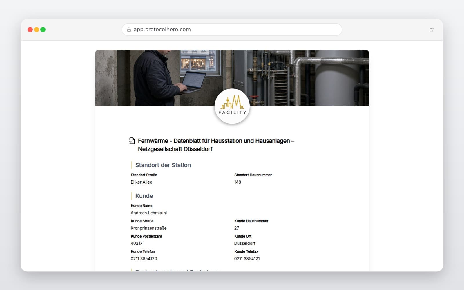 Vorschau der Vorlage „Fernwärme - Datenblatt für Hausstation und Hausanlagen – Netzgesellschaft Düsseldorf"