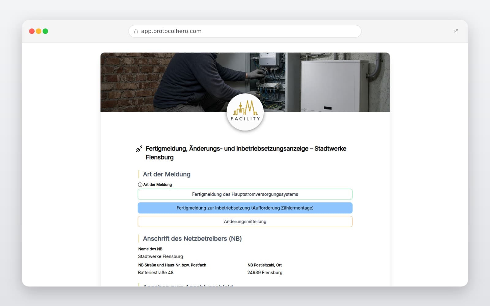 Vorschau der Vorlage „Fertigmeldung, Änderungs- und Inbetriebsetzungsanzeige – Stadtwerke Flensburg"