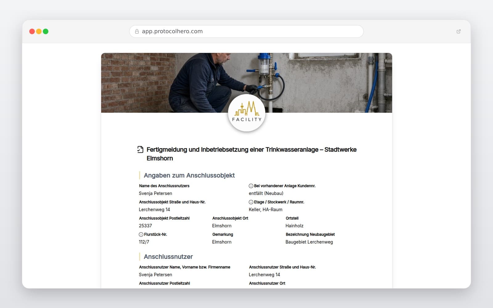 Vorschau der Vorlage „Fertigmeldung und Inbetriebsetzung einer Trinkwasseranlage – Stadtwerke Elmshorn"