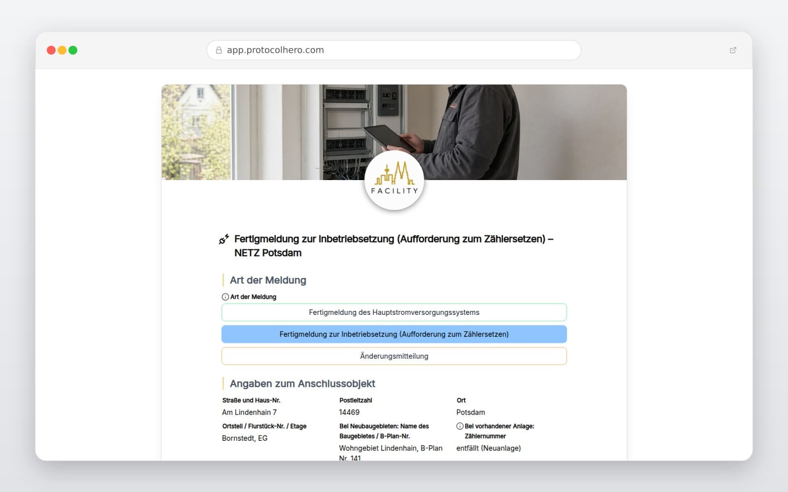 Vorschau der Vorlage „Fertigmeldung zur Inbetriebsetzung (Aufforderung zum Zählersetzen) – NETZ Potsdam"